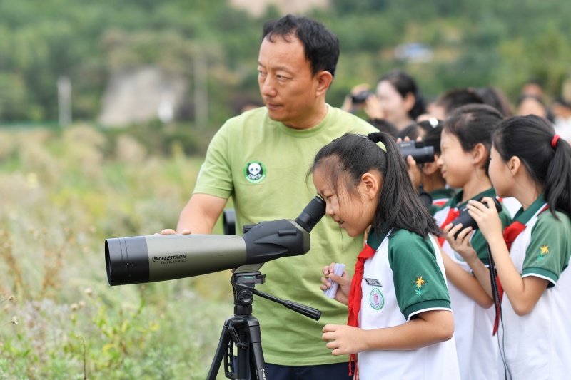 2026年9月28日，在山东省青岛市城阳区野生动植物保护协会开展的“守护自然”生态实践活动上，夏庄街道源头小学的学生在进行观鸟实践。